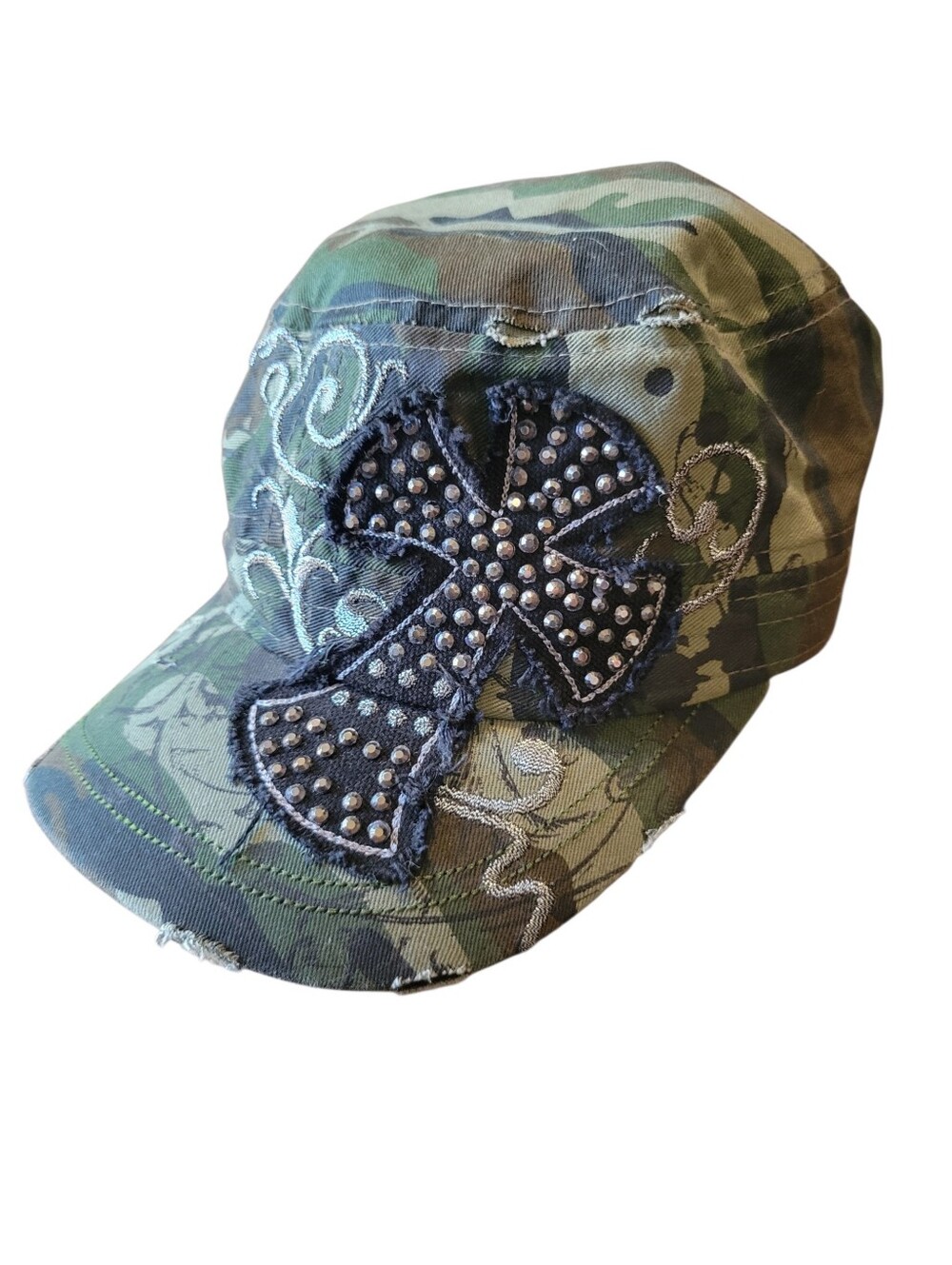 Grunge Camo Embellished Cross Military Style Hat